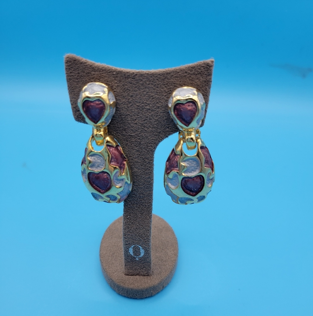 Vintage Purple Heart Gold Tone Dangle Clip On Earrings